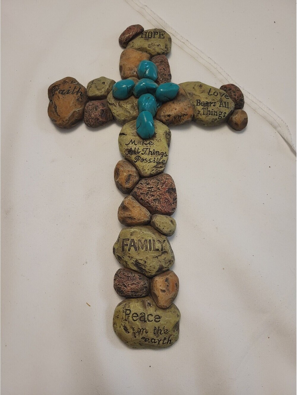 Inspirational Stone Cross Wall Hanging with Turquoise Accent 12x7.5